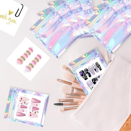 Qenk 100PCS Empty Holographic Nail Storage Bag Press on Nail Packaging Bag and 100PCS Shiny white cardboard Nail Tips Packaging Bags with 1 Roll Transparent Tape thumbnail 5