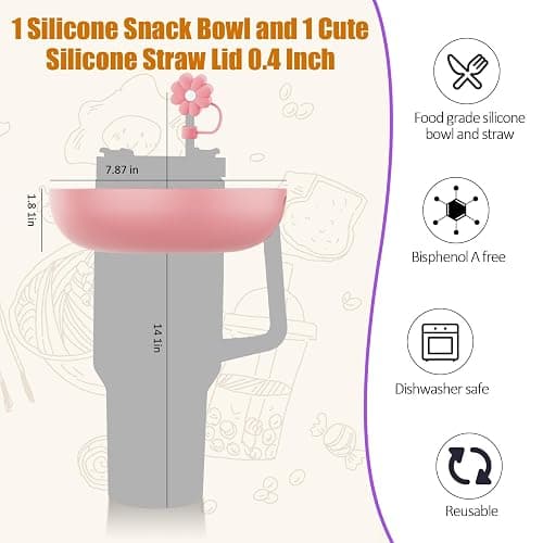 Snack Bowl for Stanley Cup 40 oz with Handle-Perfectly Compatible with Stanley Quencher H2.0 Tumbler 40 oz with Handle, Reusable Silicone Snack Tray, Stanley cup accessories (Pink Snack Bowl) thumbnail 3