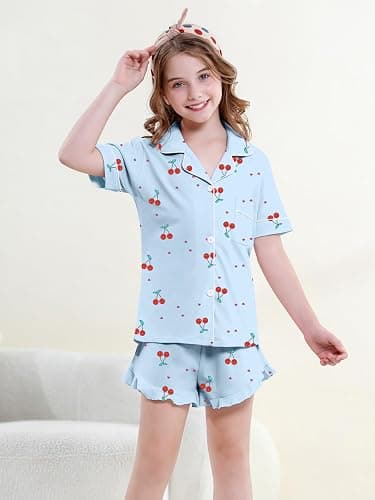 QZH.DUAO Girls Pajama Sets 100% Cotton Sleepwear Button Down Short Sleeve With Ruffle Shorts 2 Piece PJS 5-14 thumbnail 2
