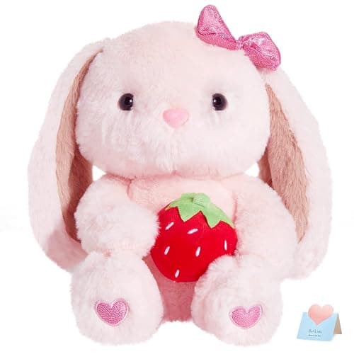 CozyWorld Strawberry Bunny Rabbit Plush Stuffed Animals Pink Plushie Floppy Ear with Strawberry Fluffy Soft Toy Gifts for Kids Girls Boys(10inch) - Image 1