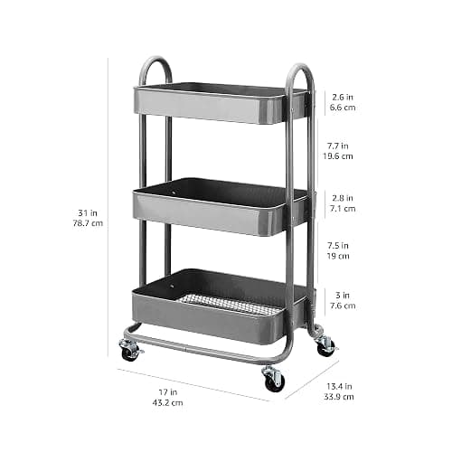 Amazon Basics 3-Tier Rolling Utility or Kitchen Cart, Lockable Wheels, Multifunctional Storage, Charcoal thumbnail 3