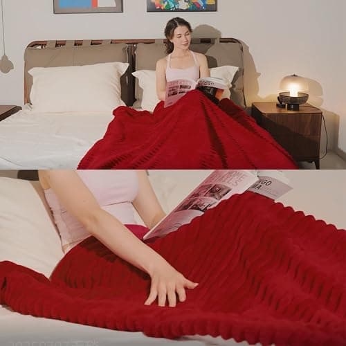 Linecooo Red Sherpa Fleece Throw Blanket 50”×60” for Couch Sofa Bed,Double Side Soft Fuzzy Cozy Plush Thick Flannel Blanket with Striped Design Gift for Adults,Woman,Girls thumbnail 3