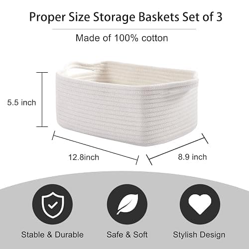 OIAHOMY Cotton Rope Storage Baskets | Decorative Storage Basket for Closet Storage, Home Organizing Bins and Nursery Decor | Cotton Rope Woven Baskets for Storage Shelf, Pure and White thumbnail 2