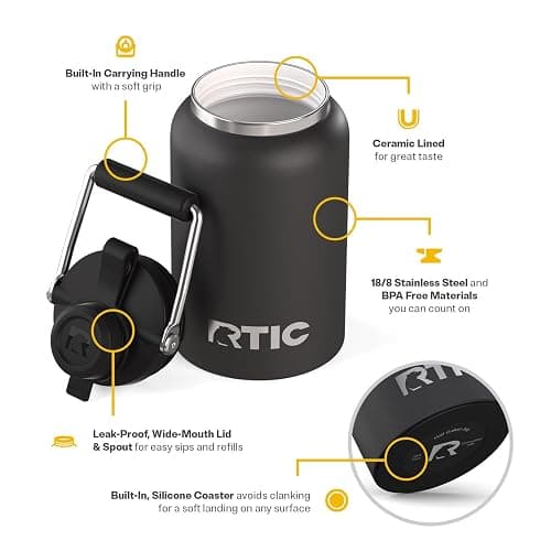 RTIC Half Gallon Outback Jug, Stainless Steel, Ceramic Lined Insulated Water Bottle with Lid and Handle, BPA-Free, Double Wall Vacuum Insulation, Black thumbnail 5