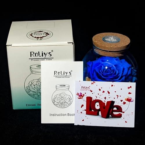 roliys Preserved Real Roses with Colorful Mood Light Wishing Bottle, Eternal Rose，Never Withered Flowers, Table Decor,Christmas Anniversary Valentine's, Blue 4.3inch, 1pcs thumbnail 4