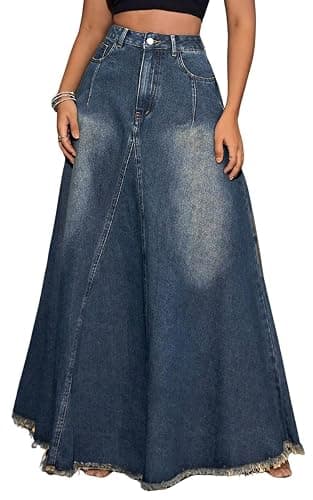 XQR Women's Vintage Full Length Denim Skirts High Waisted Frayed Raw Hem Flared A Line Maxi Long Jean Skirts - Image 1
