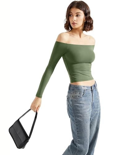 SUUKSESS Women Off Shoulder Double Lined Long Sleeve Shirts Basic Going Out Tops thumbnail 4