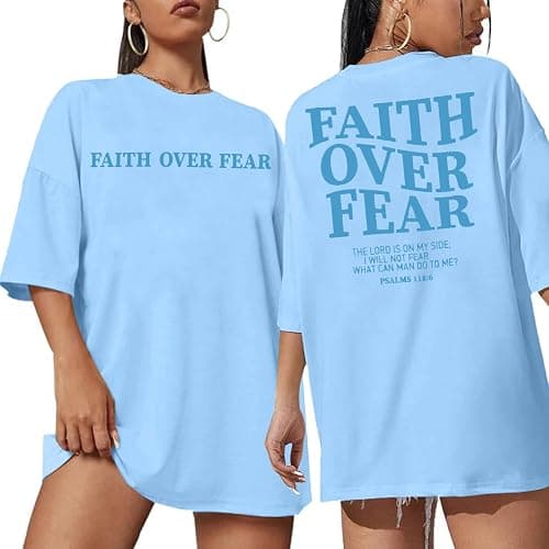 BANGELY Faith Over Fear Shirt Women Graphic Shirts Oversized Workout Gym Christian Religious Tees Drop Shoulder Tee Tops - Image 1