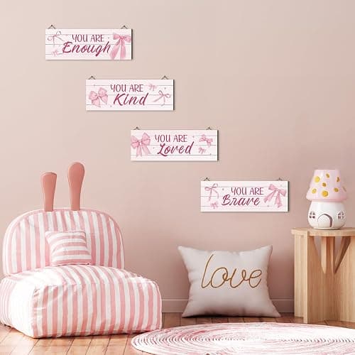 Dazzlewall 4Pcs Pink Inspirational Wall Decor, Bow Tie Wooden Signs for Living Room Bathroom Girls Bedroom Wall Decor Gallery Hanging Plaques, 11.4x3.9 in thumbnail 4