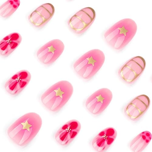 Almond Press on Nails Short Fake Nails Gold Lines Pink False Nails with Flower Designs Glossy Acrylic Nails for Women Girls 24 Pcs thumbnail 3
