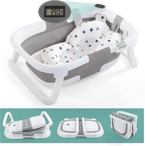nordmiex Foldable Baby Bathtub for Infants to Toddler,Portable Travel Multifunctional with Drain Hole,Collapsible Newborn 0-36 Month (Gray White+Baby Bath Cushion+Waterproof Ear Cap) - Image 1