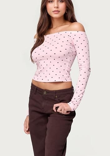 calbatic Polka Dot Off The Shoulder Crop Tops for Women Long Sleeve Slim Fit Going Out T Shirts Sexy Party Clubwear thumbnail 4