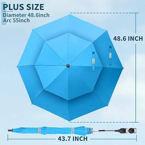 NBtoUS 48.6" Double Canopy Beach Umbrella with Clamp, UPF50+ Beach Chair Umbrella with clip, 360°Adjustable Portable Outdoor Wheelchair, Patio, Golf Carts,Camping(Sky/Blue) thumbnail 4