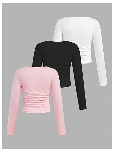 SOLY HUX Girl's 3 Piece T Shirt Crew Neck Long Sleeve Ruched Crop Tops Slim Fit Solid Basic Tee thumbnail 2
