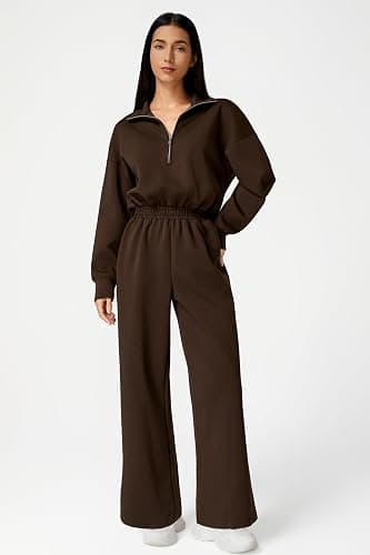 QINSEN Women's AirCotton Long-Sleeve Half-Zip High Waisted Wide Leg Jumpsuit with Pockets thumbnail 2