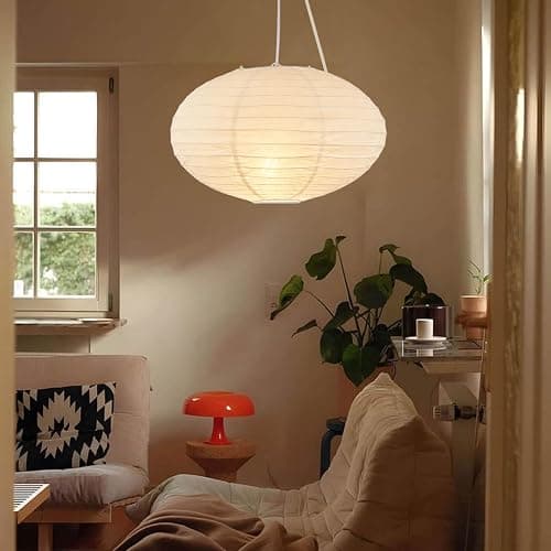 FEHEED 16" Oval Plug in Pendant Light Fixture,15 Ft Hanging Paper Lantern Oval White Paper Lamp Hanging Pendant Light with On/Off Switch for Birthday Wedding Living Room and Home Decor thumbnail 2