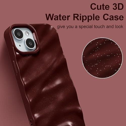 QLTYPRI Compatible with iPhone 13/iPhone 14 Case, Cute Wave Water Ripple Pattern Case for Girls Women, Slim Satin Glossy Soft Silicone TPU Bumper Shockproof Protective Phone Cover - Wine Red thumbnail 2