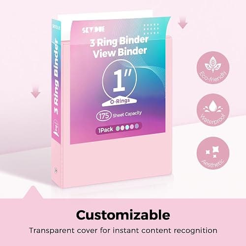 SKYDUE 1 Inch 3 Ring Binder with 8 Tab Dividers & 24 Labels, Pastel Binder Organizer for Letter Size Paper, Aesthetic School Binder for Notes, Documents, Office & Home Organization, Pink thumbnail 4