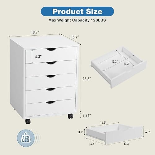 OLIXIS 5 Drawer File Cabinet on Wheels, Printer Stand | Fits Under Desks, Wood Storage Organization Holds Printer, Office Supplies, Not For Hanging Files, For Home Office Use White thumbnail 3