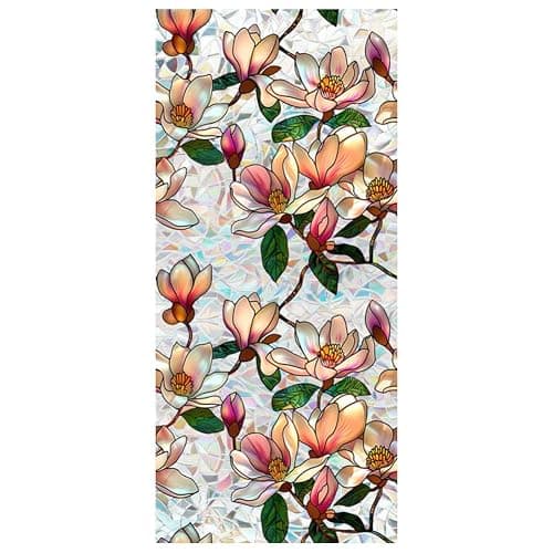 Retro Magnolia Flowers Window Privacy Film,Stained Glass Decals Colorful Floral Privacy Rainbow Decals Living Room Sun Blocking Decor Removable Static Cling Stickers,16.93x39.37inch - Image 1