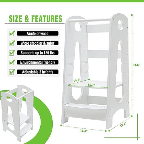 KATARUS Kitchen Step Stool for Kids and Toddlers with Safety Rail Children Standing Tower for Kitchen Counter, 3 Heights Adjustable Solid Wood Step Up Learning Stool Mother's Helper, Solid Wood, White thumbnail 2