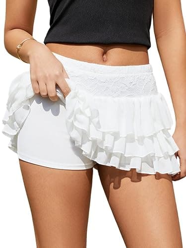 BJhaz Women's Ruffle Mini Skirt with Shorts Layered Cute Pleated Mini Skort | Layered, A-Line, Casual, Rave Party, Country Concert thumbnail 5