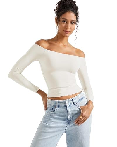 SUUKSESS Women Off Shoulder Double Lined Long Sleeve Shirts Basic Going Out Tops thumbnail 5
