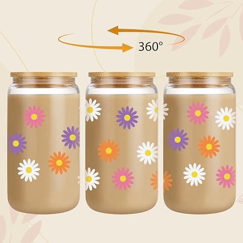 GSPY Daisy Aesthetic Gifts, Iced Coffee Cup, Cute Glass Cups with Lids and Straws - Cute Mugs, Flower Mug, Glass Tumbler - Retro, Christmas, Birthday Gifts for Women, Coffee Lovers, Friend, Girls, Mom thumbnail 2