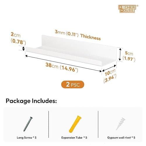RICHER HOUSE 4 Pack White Acrylic Floating Shelves for Wall, 15"x4" Wall Mounted Shelf for Vinyl Record Display/Bookcase, Cosmetics/Room Décor//Storage in Bedroom, Office, Kitchen,Bathroom,Nursery thumbnail 3