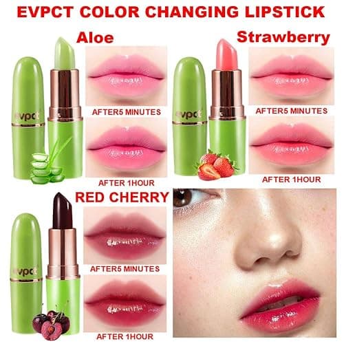 evpct 3Pcs Magic Color Changing Lipstick 24 Hours Original for Women Lasting Waterproof, Aloe Vera Strawberry Black Red Cherry PH Mood Permanent Hardpointing color changing Lipstick Tinted Lip balms - 3 Count (Pack of 1) - 3Pcs Aloe Vera Strawberry Red Cherry - New thumbnail 3
