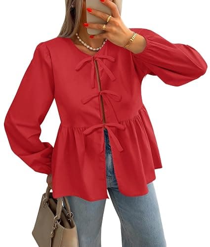 ZESICA Womens Tops Tie Front Long Puff Sleeve Button Peplum Babydoll Cute Shirts 2024 Fall Fashion Blouses - Image 1