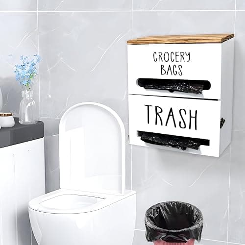 Liuceny 2 in 1 Trash Bag Dispenser, Double Wall Mounted,Wood Trash Bag Holder, used in kitchen, garage, laundry room, can store Environmentally friendly food bags and garbage bags (White) thumbnail 7