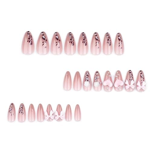 Leopard French Tip Press On Nails - Pointed Almond Glossy Pink Heart Design, Full Cover Nude Glue On False Nails for Women & Girls thumbnail 7