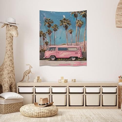 Heltrappe Pink Preppy Caravan Palm Art Aesthetic Tapestry Trendy Boho Coastal Scenery Tapestries Wall Hanging for Living Room Girl Coquette Dorm Decorwhite30x40inch thumbnail 5
