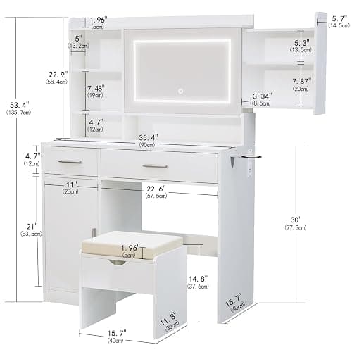 Viaozutis Vanity Desk with Mirror and Lights, with Hidden Shelves,4 Compartments,2 Drawers,Cabinet & Stool,Dimmable LED Lights,Power Outlets, Ideal for Bedroom Vanity Organization(White) thumbnail 3