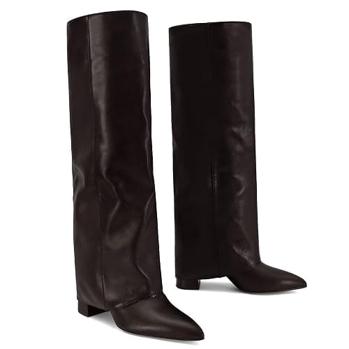 Dsevht Black Leather Knee High Boots for Women Fold Over Chunky High Heel Pull on Pointed Toe Tall Long Dress Going Out Boot for Women thumbnail 6
