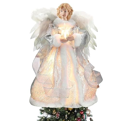 Bigking Angel Christmas Tree Topper, 12 Inches Tall, White Feather Wings and Led Lights. Christmas Tree Angel Ornament, for Home, Holiday Parties, Weddings, Christmas Celebrations. - Image 1
