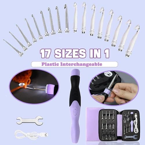 Lewhoo 17 Sizes Lighted Crochet Hooks Set 2.5mm~14.0mm, Metal Crochet Hook with Interchangeable Crochet Head thumbnail 3