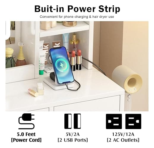 OTOQS Vanity Desk with Mirror and Lights, 4 Drawers & Benches Vanity Desk Set, 3 Color Lighting Modes Adjustable Brightness Vanity for Bedroom Makeup Table - 15.5"D x 36.6"W x 53.7"H thumbnail 5
