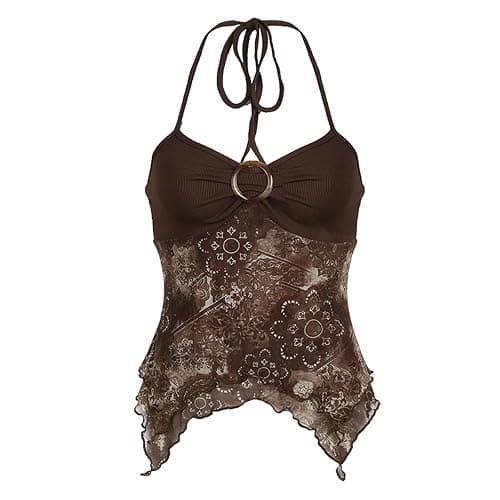 Women's Retro Printed Halter Top,Mesh Pleated Strappy Neck,Stylish Sleeveless Slim Top Base Layer - Image 1