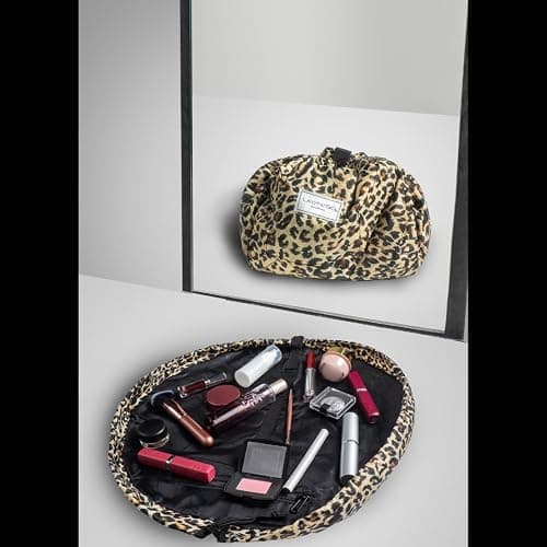 Lay-n-Go Cosmo Layflat Drawstring Cosmetic & Makeup Bag Organizer w/Zipper Pocket, Brush Loops & More, Cinch to Close, Lay Flat to Use, Durable, Machine Wash, Travel Toiletry Bag (20", Leopard) thumbnail 2