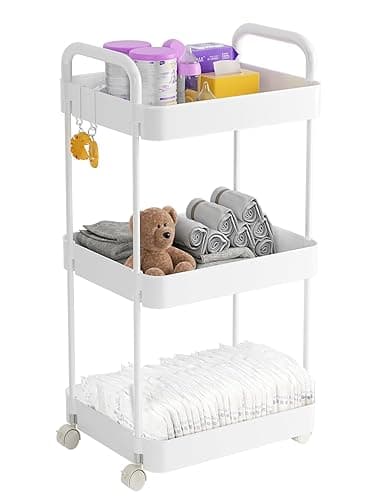 Volnamal Diaper Caddy Organizer, 3-Tier Movable Diaper Cart with Wheels, Newborn Essentials Must Haves, Diaper Caddy for Wipes & Diapers, Baby Registry Search - Plastic White - White