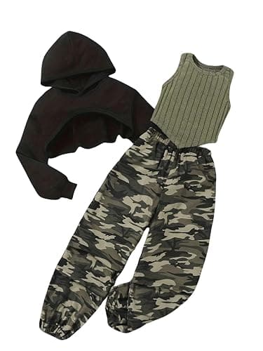 MakeMeChic Girl's 3 Piece Outfits Long Sleeve Cropped Hoodies and Camo Print Sweatpants Set - Image 1