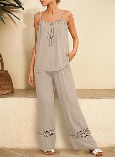 Dokotoo 2 Piece Sets for Women Summer Spaghetti Strap Tie Knot Top Lace Wide Leg Pants Set thumbnail 2