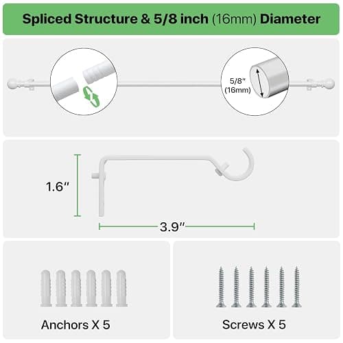 White Curtain Rods 2 Pack, 48 to 88 inch Curtain Rod Set with Brackets, 5/8" Diameter Adjustable Curtain Rod for Bedroom, Living Room, Kitchen thumbnail 2