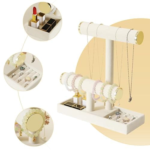 Pangkeep Jewelry Holder Stand,2 Tier Necklace Bracelet Organizer with Tray,Jewelry Displays for Selling Bangles Scrunchie Hair ties Watches and Chains (Beige) thumbnail 5