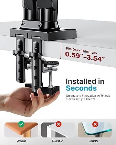 HUANUO Dual Monitor Stand - Full Adjustable Monitor Desk Mount Swivel Vesa Bracket with C Clamp, Grommet Mounting Base for 13 to 32 Inch Computer Screens - Each Arm Holds 4.4 to 19.8lbs thumbnail 4