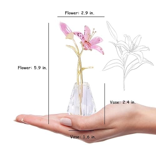 YWHL Crystal Lily Flower Figurine with Vase, Handmade Pink Glass Lily Flower Gifts for Woman, Wedding Gifts for Couple, Home Party Decorations (Pink) thumbnail 3