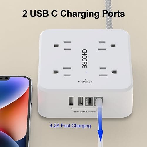Surge Protector Power Strip - CHCORE 5Ft Braided Extension Cord with 8 Outlets with 4 USB (2 USB C) Charging Ports, Flat Plug Multi Plug Outlet Extender Charging Station for Home Office, ETL, White thumbnail 3