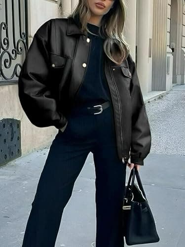 hathne Women's PU Leather Jacket Oversized Vintage Long Sleeve Motorcycle Faux Leather Blazer Jackets thumbnail 4